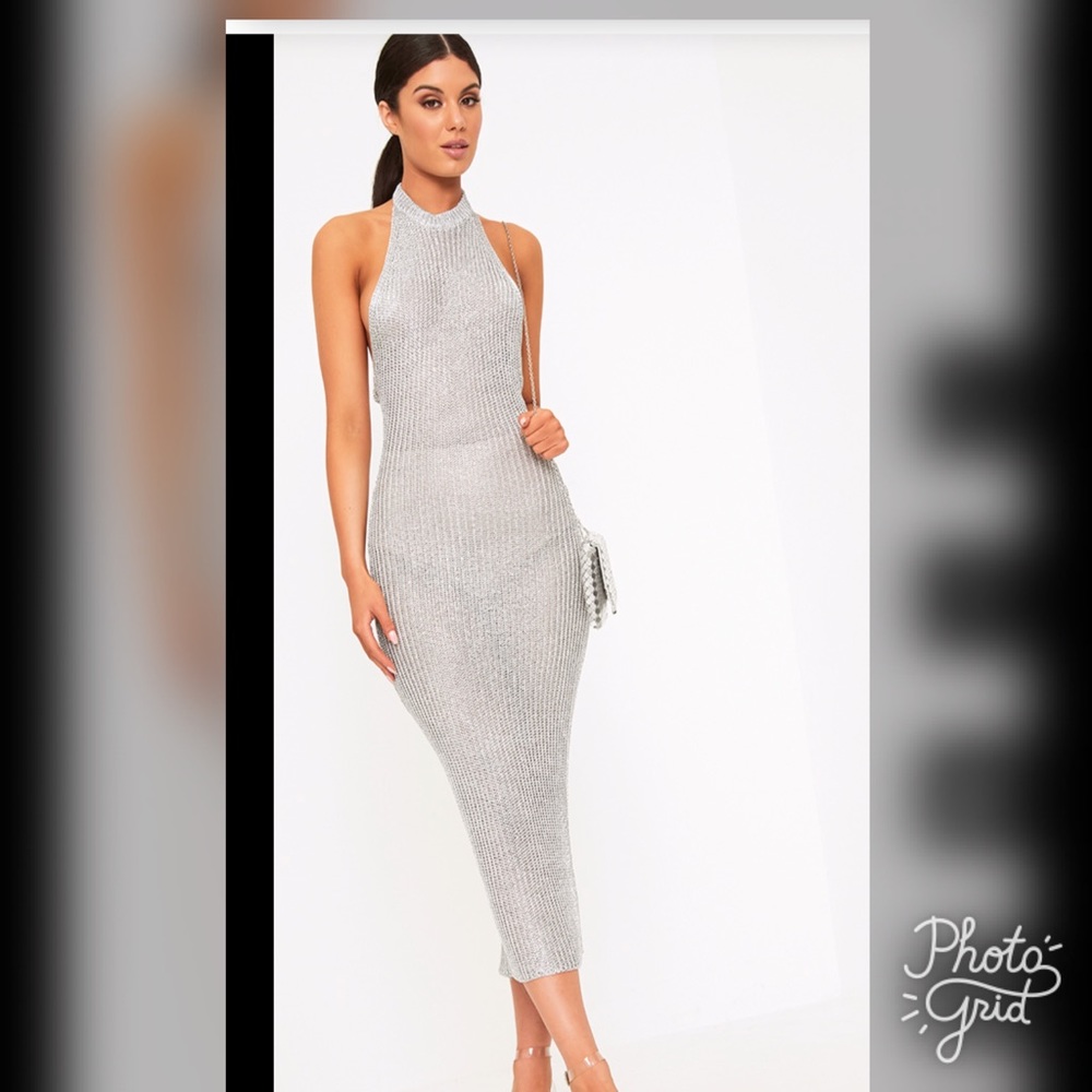 metallic halterneck midi dress