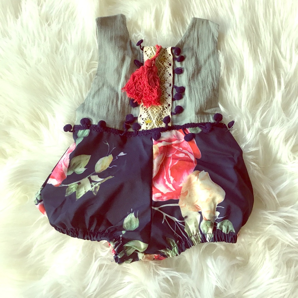 Baby Floral Romper with Pom Poms and tassels