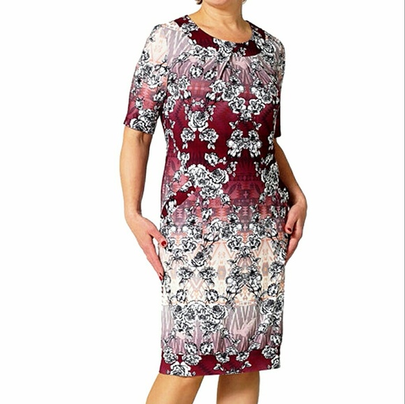 PLUS SIZE FLORAL DRESS BURGUNDY MADE IN EUROPE - Picture 1 of 1