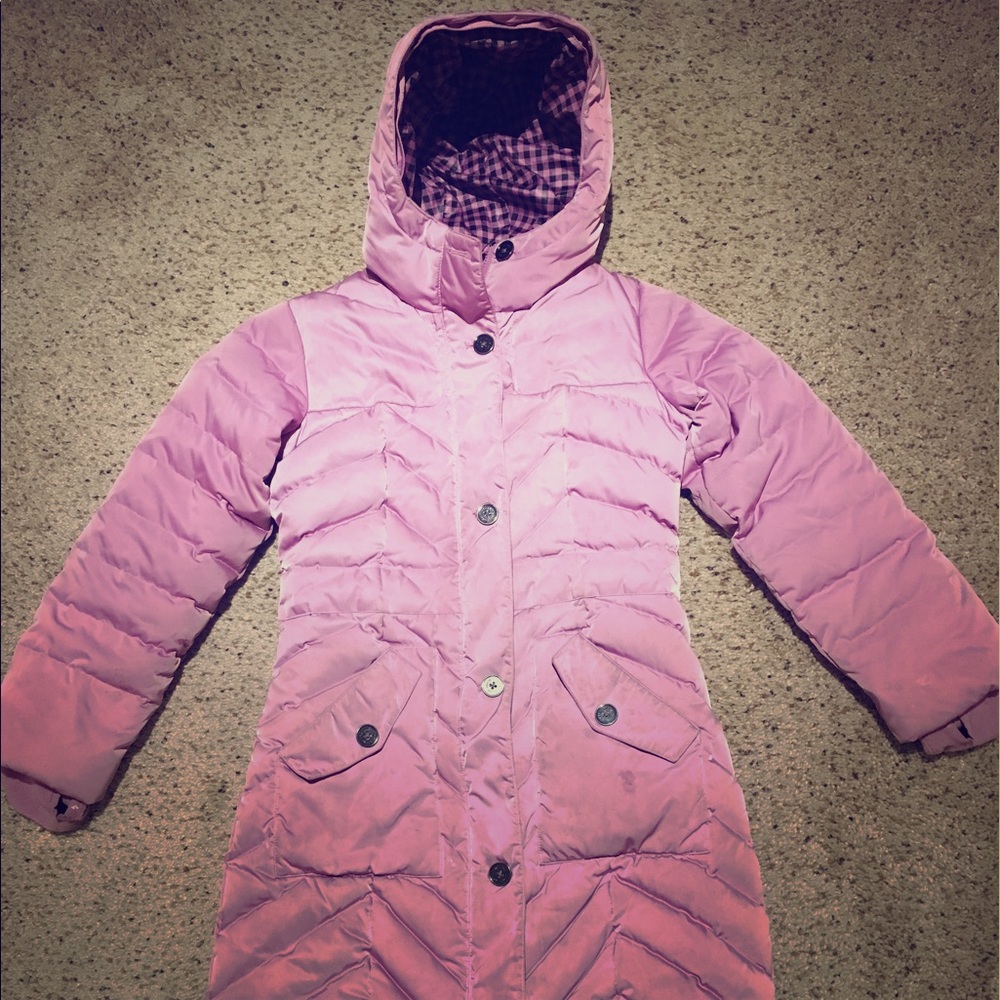 Kids long Lands End down winter coat. Lavender/Blk