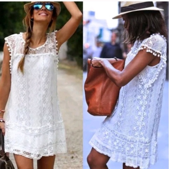Gamiss Dresses & Skirts - GAMISS White Lace Shift Dress with Pom Pom Trim