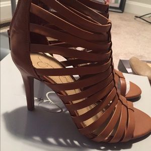Tan open toe heels