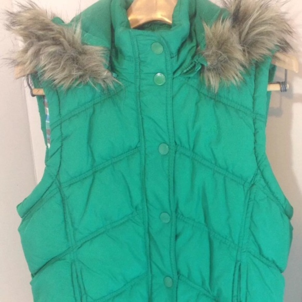 Aeropostale Puffer Vest Faux Fur Trimmed Hood