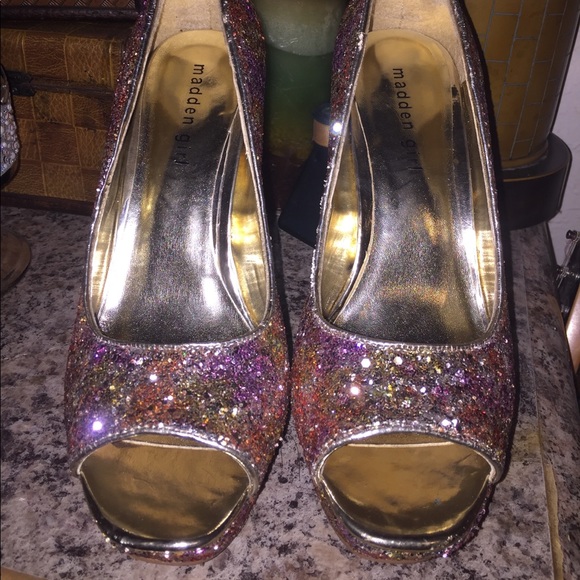 Steve Madden Girl Sparkle Glitter Peep Toe Heels 8 - Picture 2 of 4