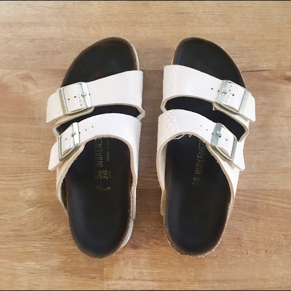 Iridescent white birkenstocks