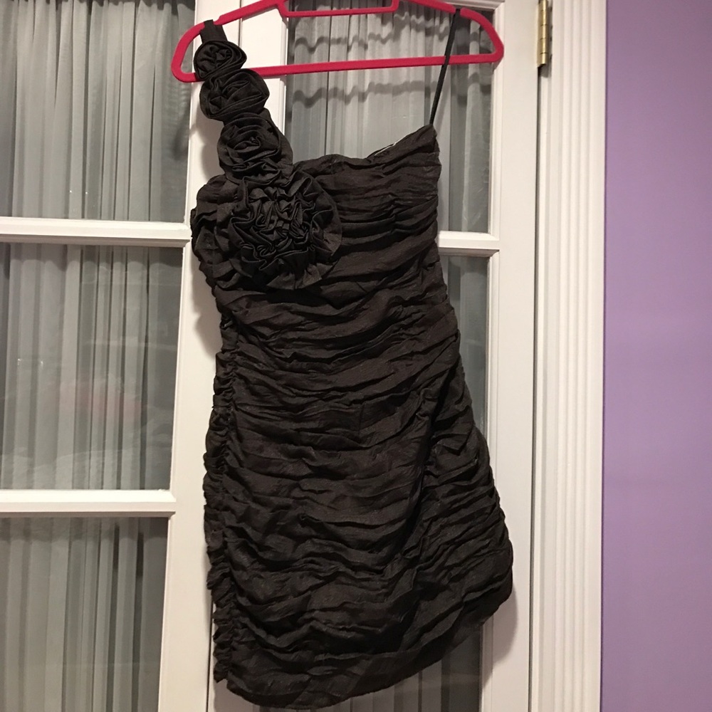 Brown one shouldered dress with rose detail