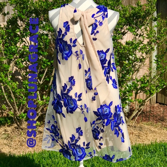 Nude & Mesh Blue Floral Dress - Picture 3 of 5