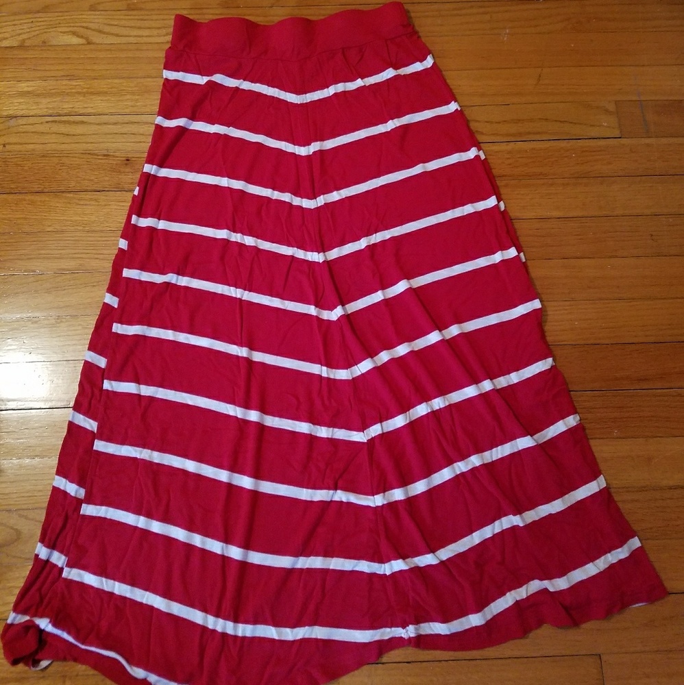 Red and white striped maxi skirt
