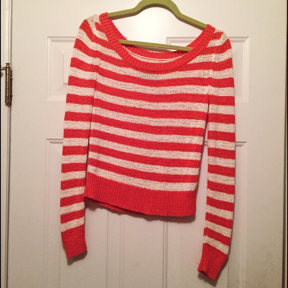 Cable knit orange and white striped sweater