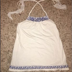 American Eagle Cream Halter w/ Blue Embroidery