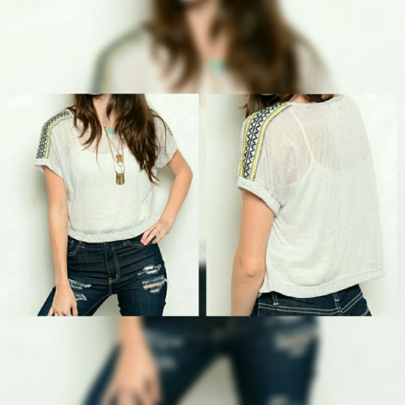 Tops - Light Gray Embroided Burn Out Crop Tee