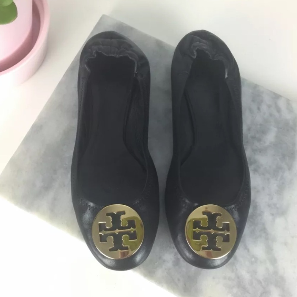 Tory Burch $225 Black Gold Reva Ballet Flats Shoes