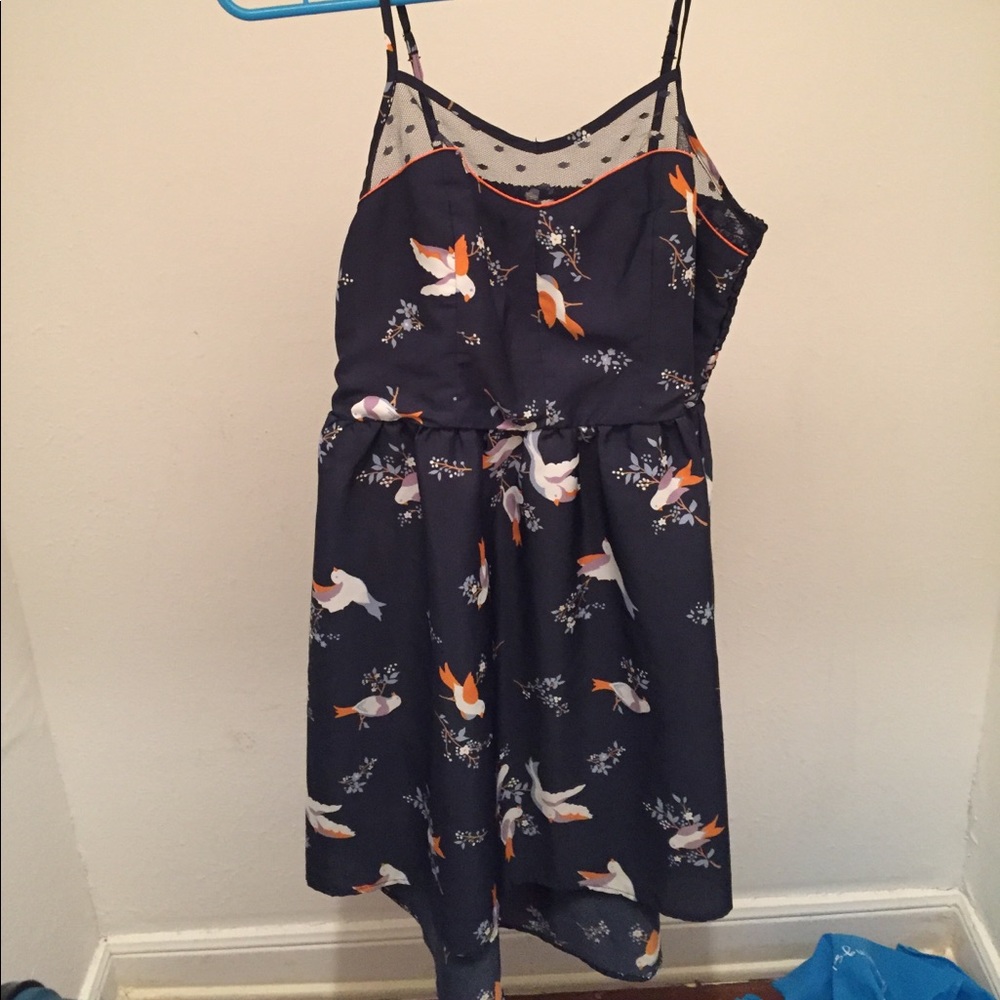 Navy blue dress with bird/flower pattern