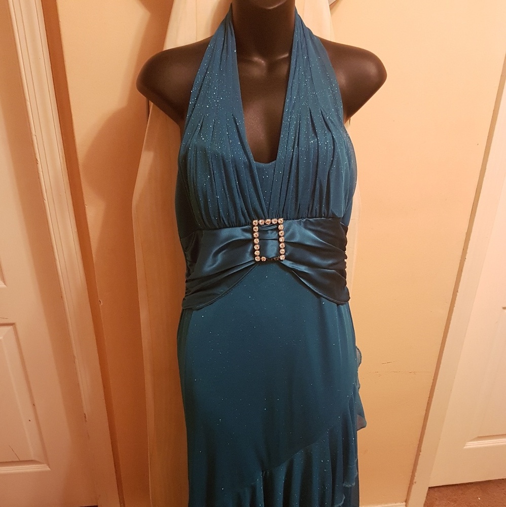 Formal halter neck teal dress
