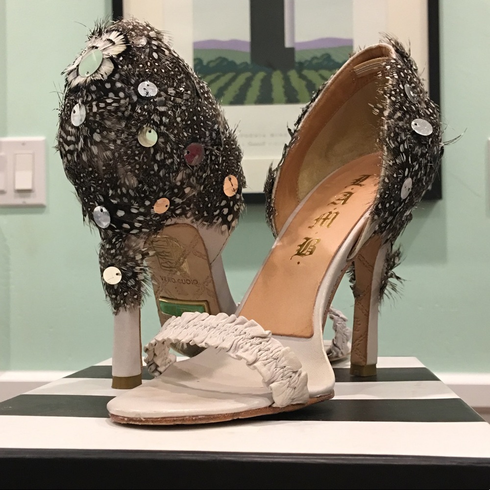 L.A.M.B. Lesley feather heel sandals sequins