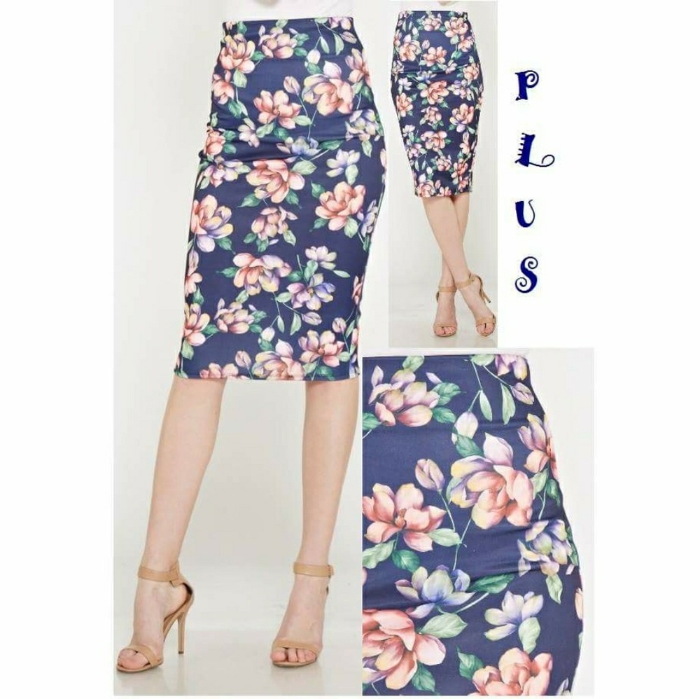 Plus blue/pink floral skirt