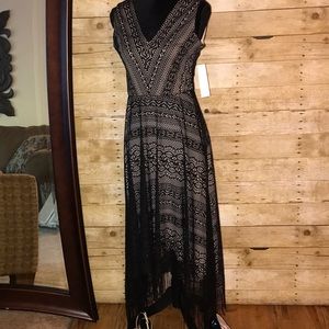 London Times Black Overlay Dress with Fringe