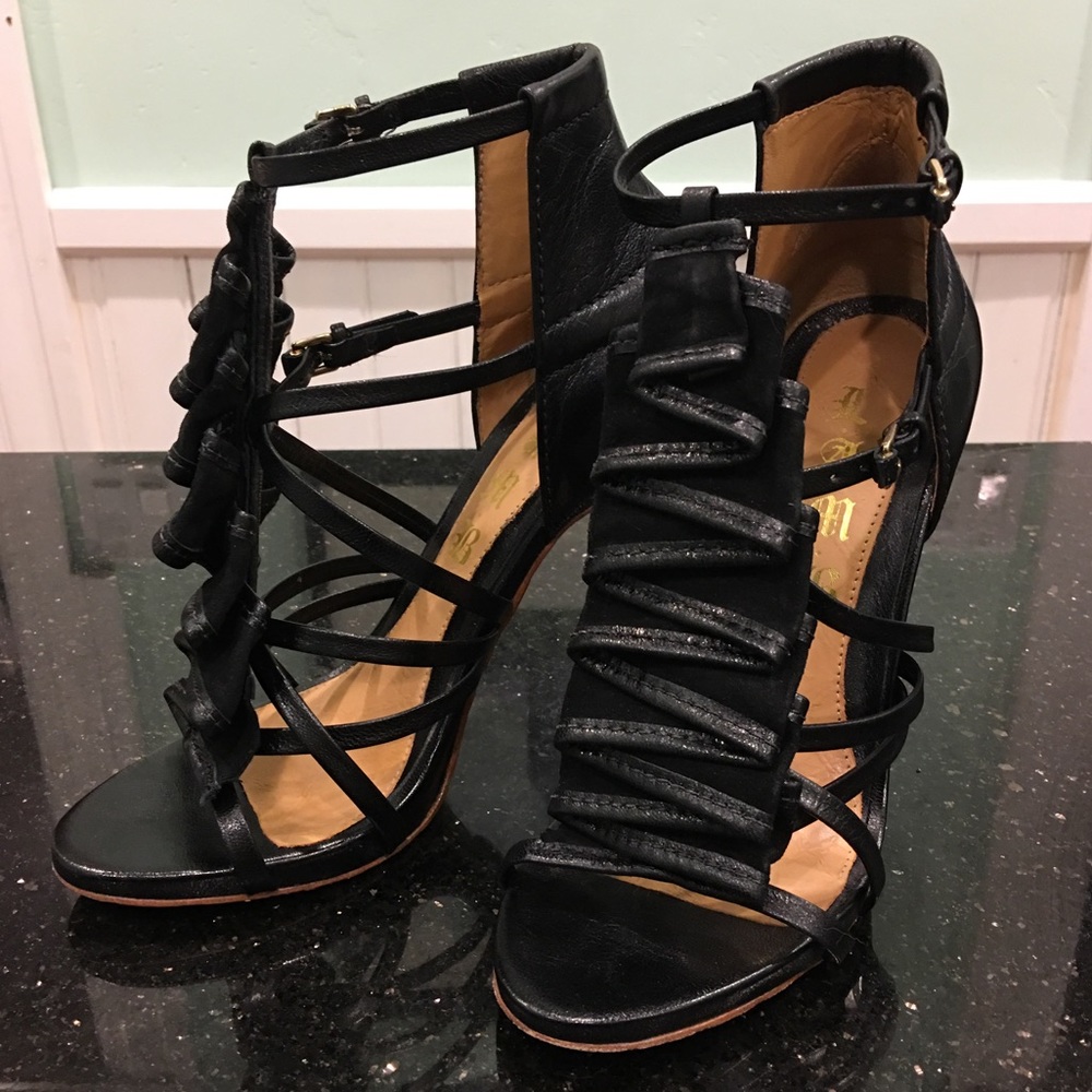 L.A.M.B. Rhett Black Leather Strappy Sandals