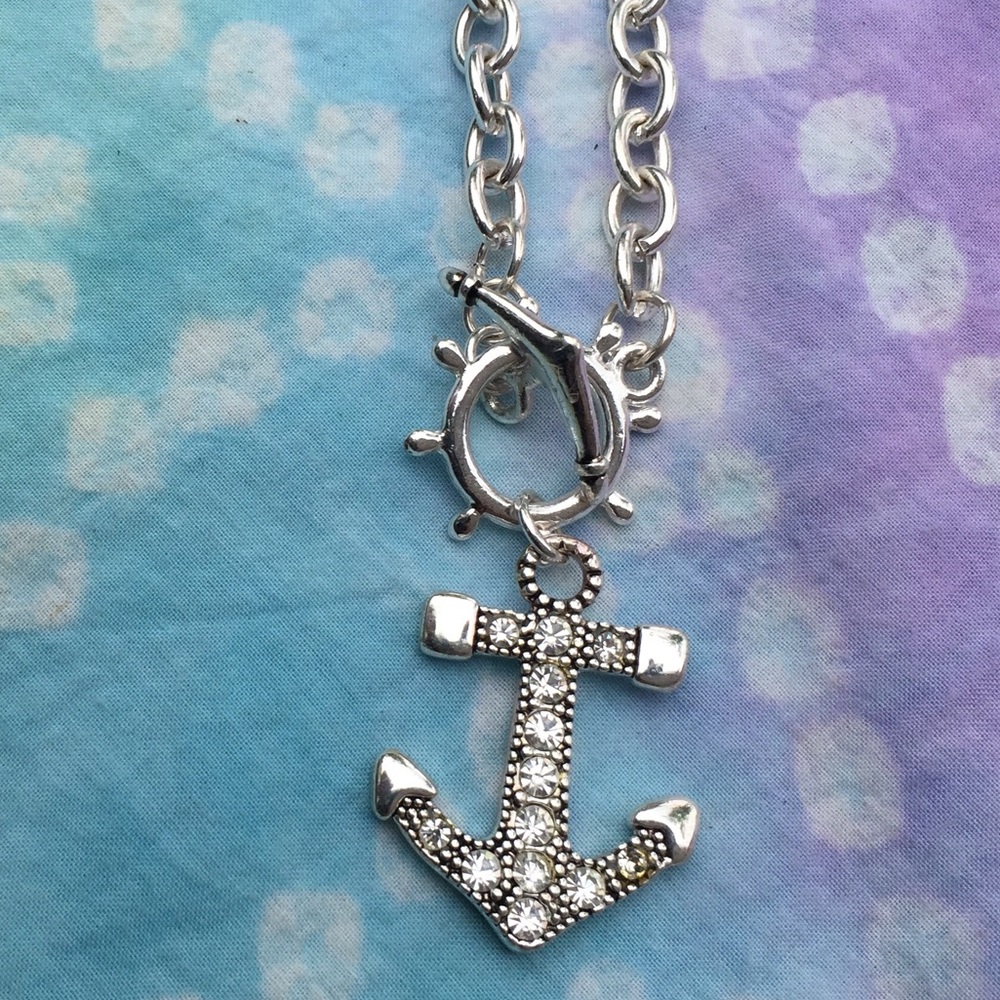 Silver Rhinestone Anchor Chain Bracelet - Picture 2 of 3