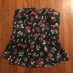 Grey floral Strapless silk-like peplum top