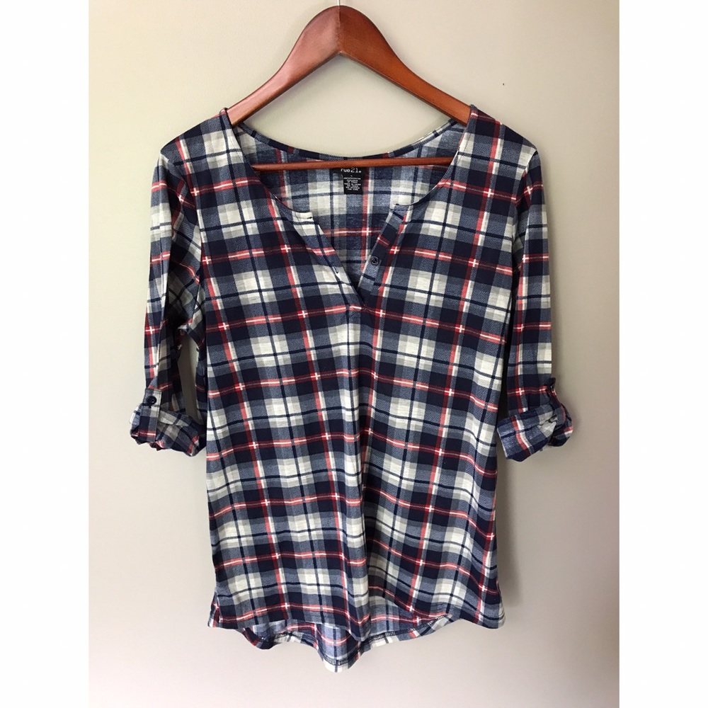 *Rue 21* red blue and white thin plaid shirt