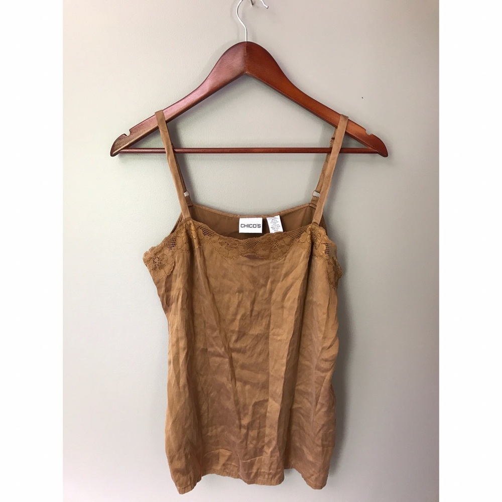 *Chicos* silk brown camisole with lace floral neck