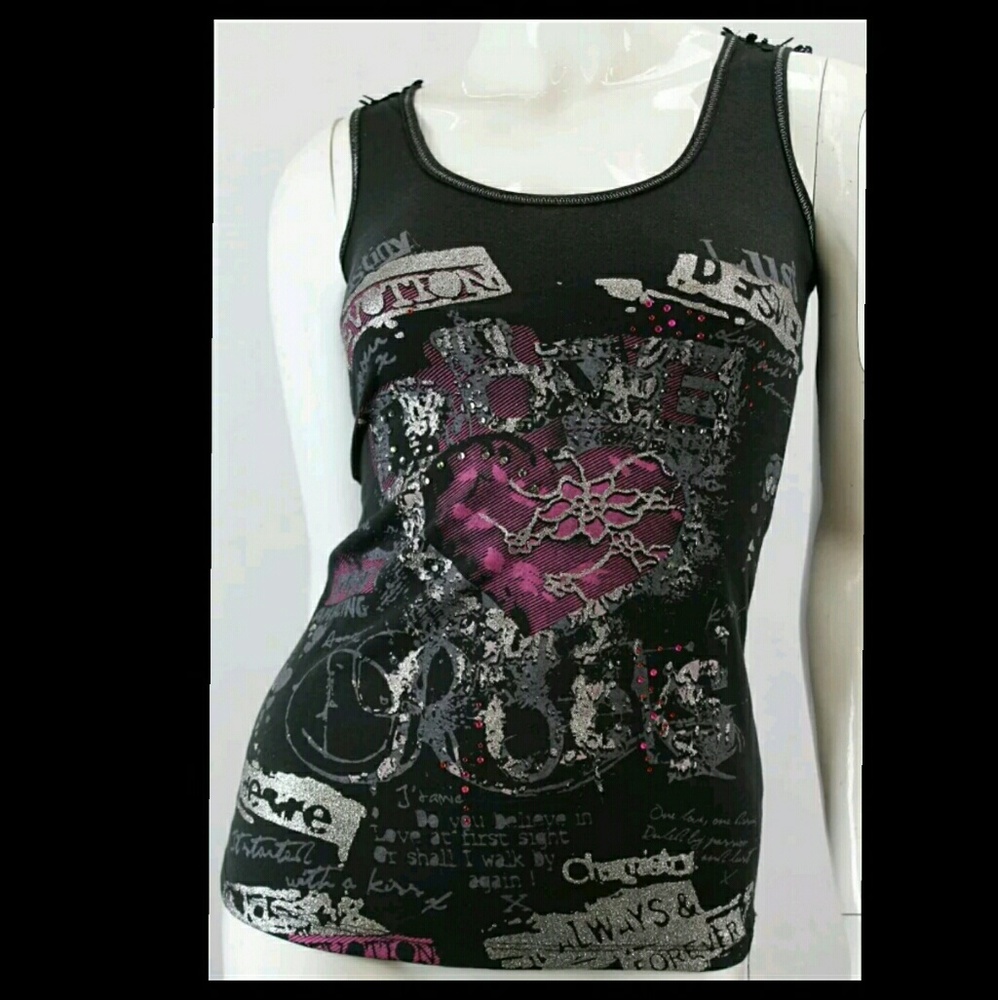 New Black glitter rock tank top lace applique open