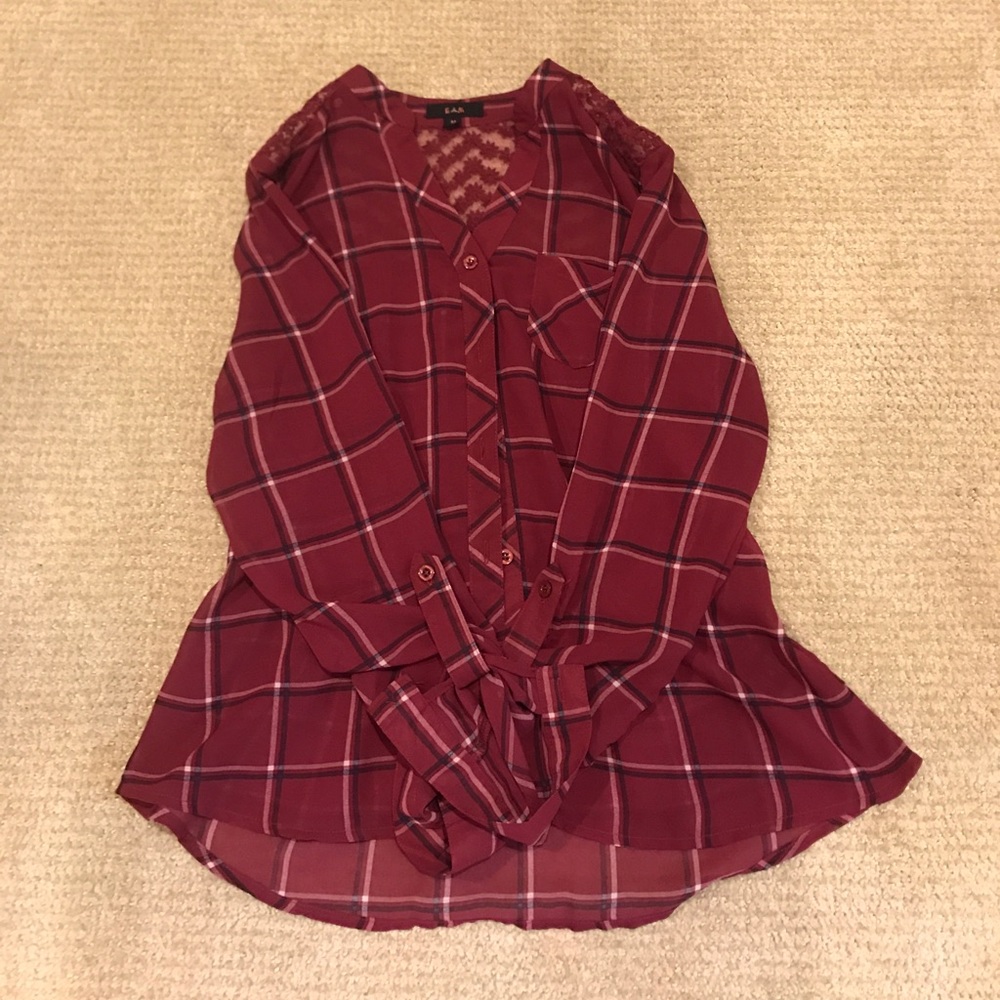 sheer plaid button down