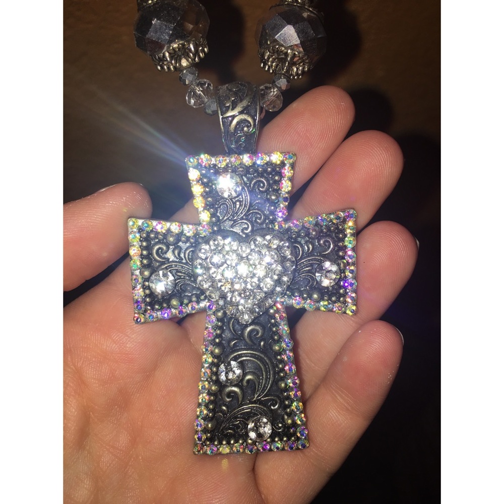 Crystal cross necklace and earrings