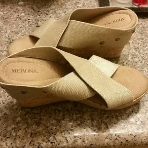 Tan/gold cork wedge sandals