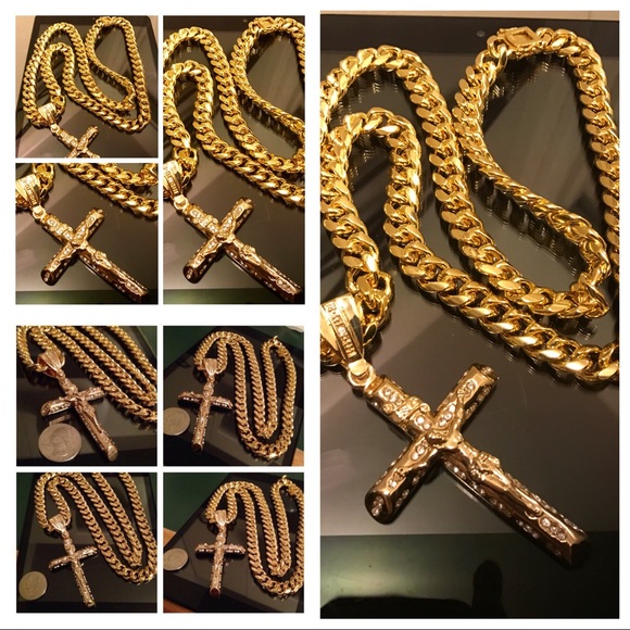 14K Gold Plated Cuban Link Necklace w/ Crucifix
