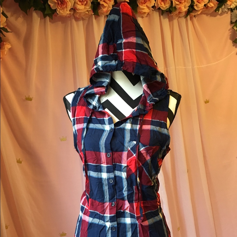 Plaid Hooded Sleeveless Patriotic Tunic