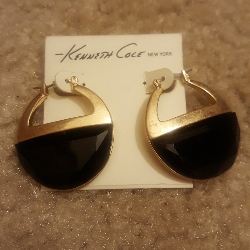 Kenneth Cole Black Faceted Goldtone Hoop Earrings