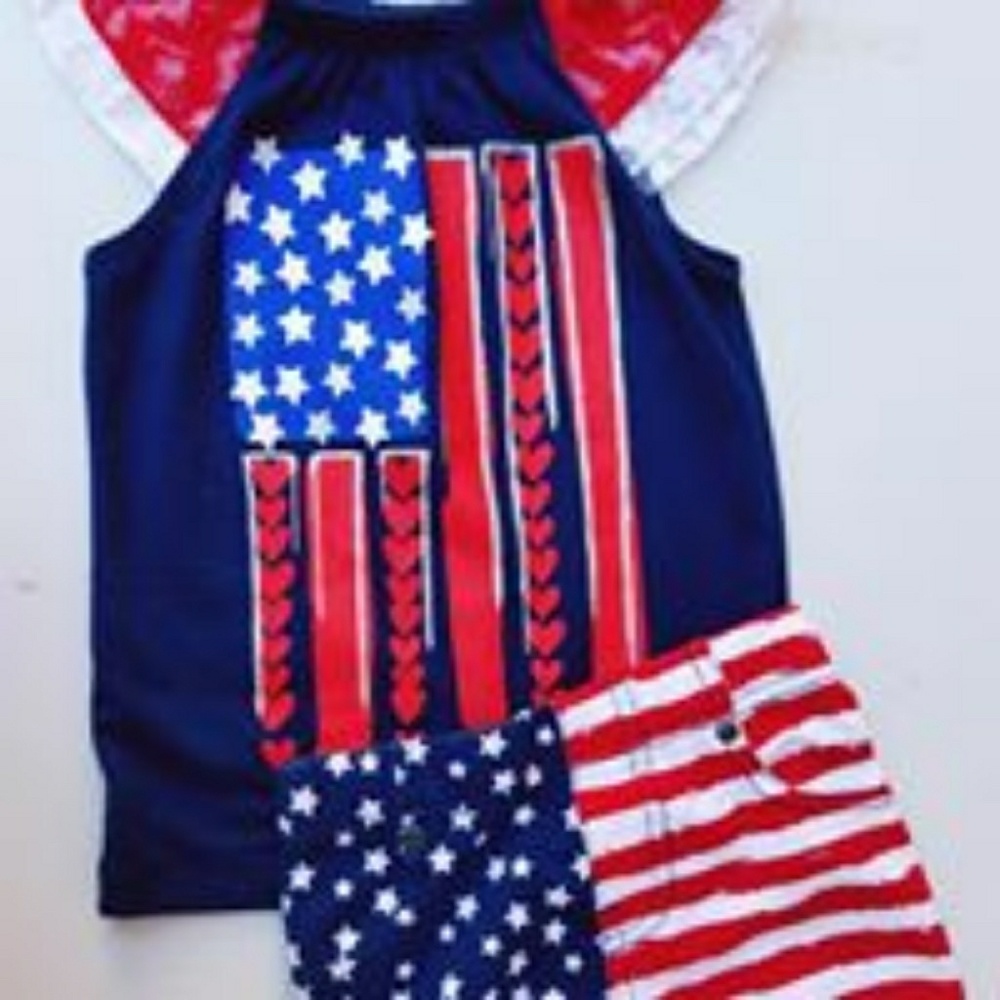 4th of July 3pc Short Set with Handmade Headband