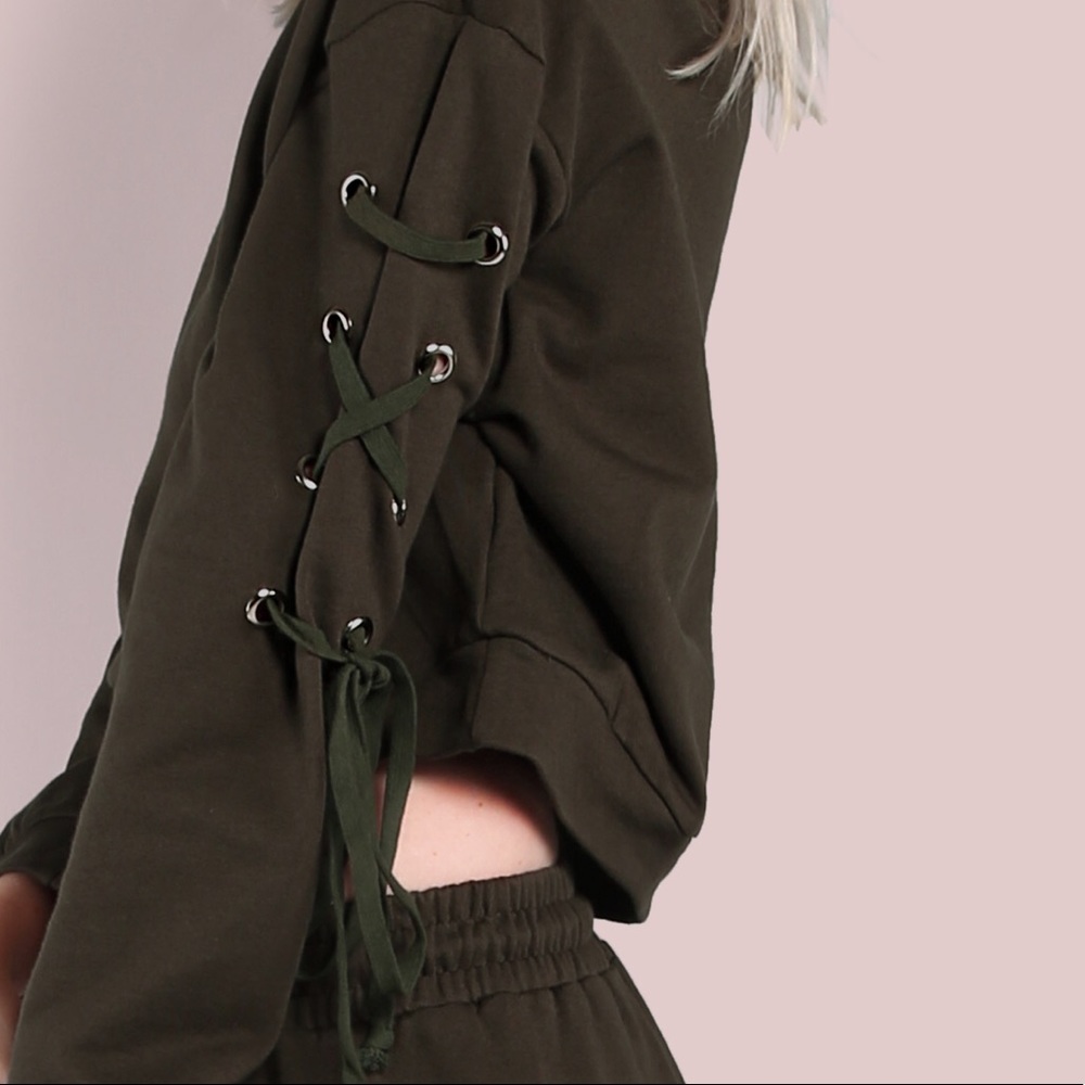 Lace up Sleeve Sweatshirt in Olive Green Last One! - Picture 3 of 5
