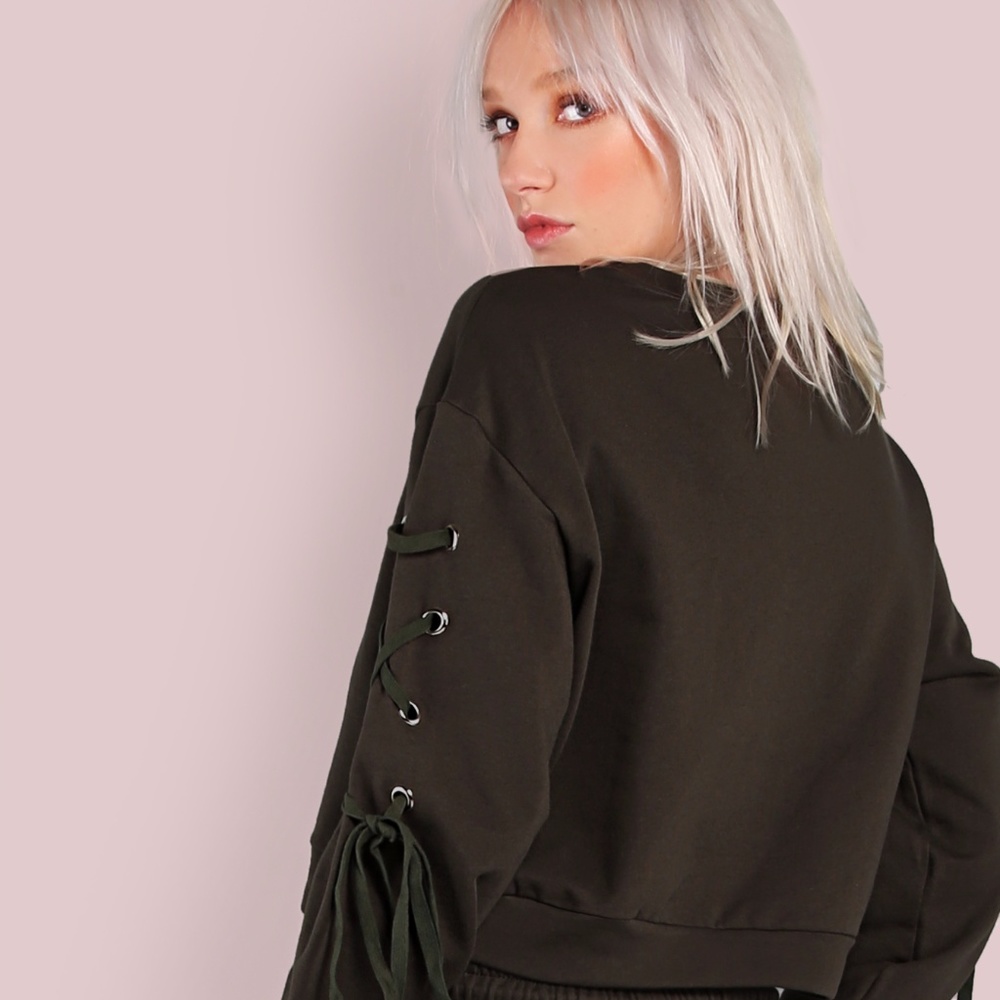 Lace up Sleeve Sweatshirt in Olive Green Last One! - Picture 2 of 5