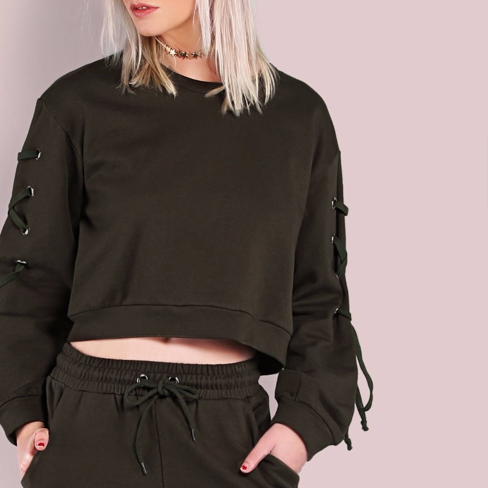 Lace up Sleeve Sweatshirt in Olive Green Last One! - Picture 5 of 5