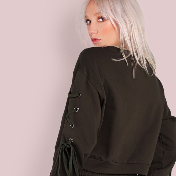 Lace up Sleeve Sweatshirt in Olive Green Last One! - Picture 2 of 5