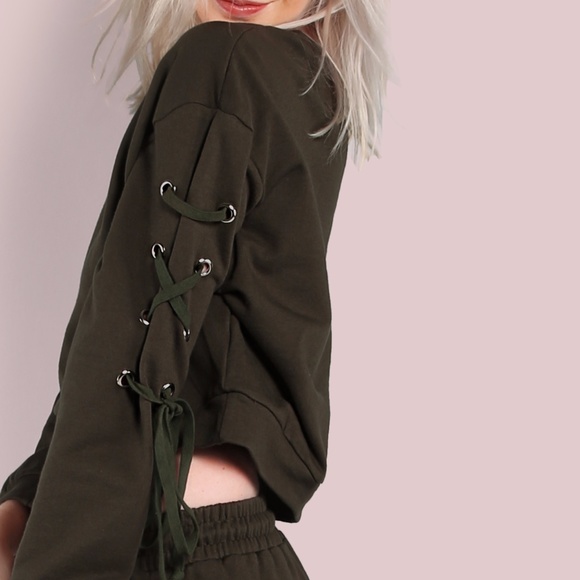 Lace up Sleeve Sweatshirt in Olive Green Last One! - Picture 4 of 5
