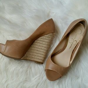 Platform peep toe wedges