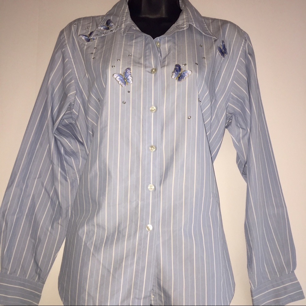 Lands End baby blue striped button down blouse