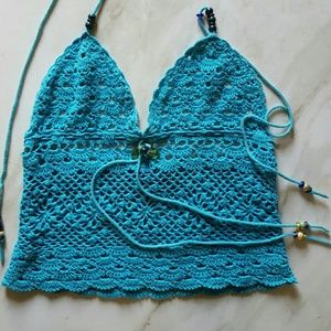 Embellished Turquoise Crochet Halter Top