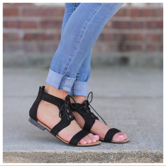 Black vegan suede lace up sandals - Picture 2 of 3