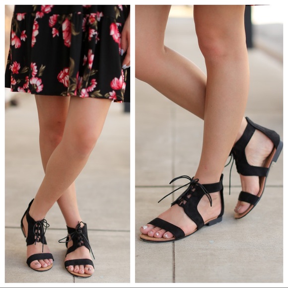 Black vegan suede lace up sandals - Picture 3 of 3