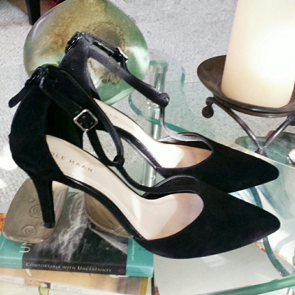 Black Suede T-Strap Heels