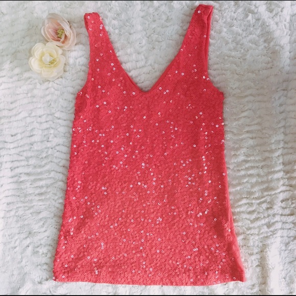 J. Crew Factory Tops - J. Crew Factory Coral Sequin Tank