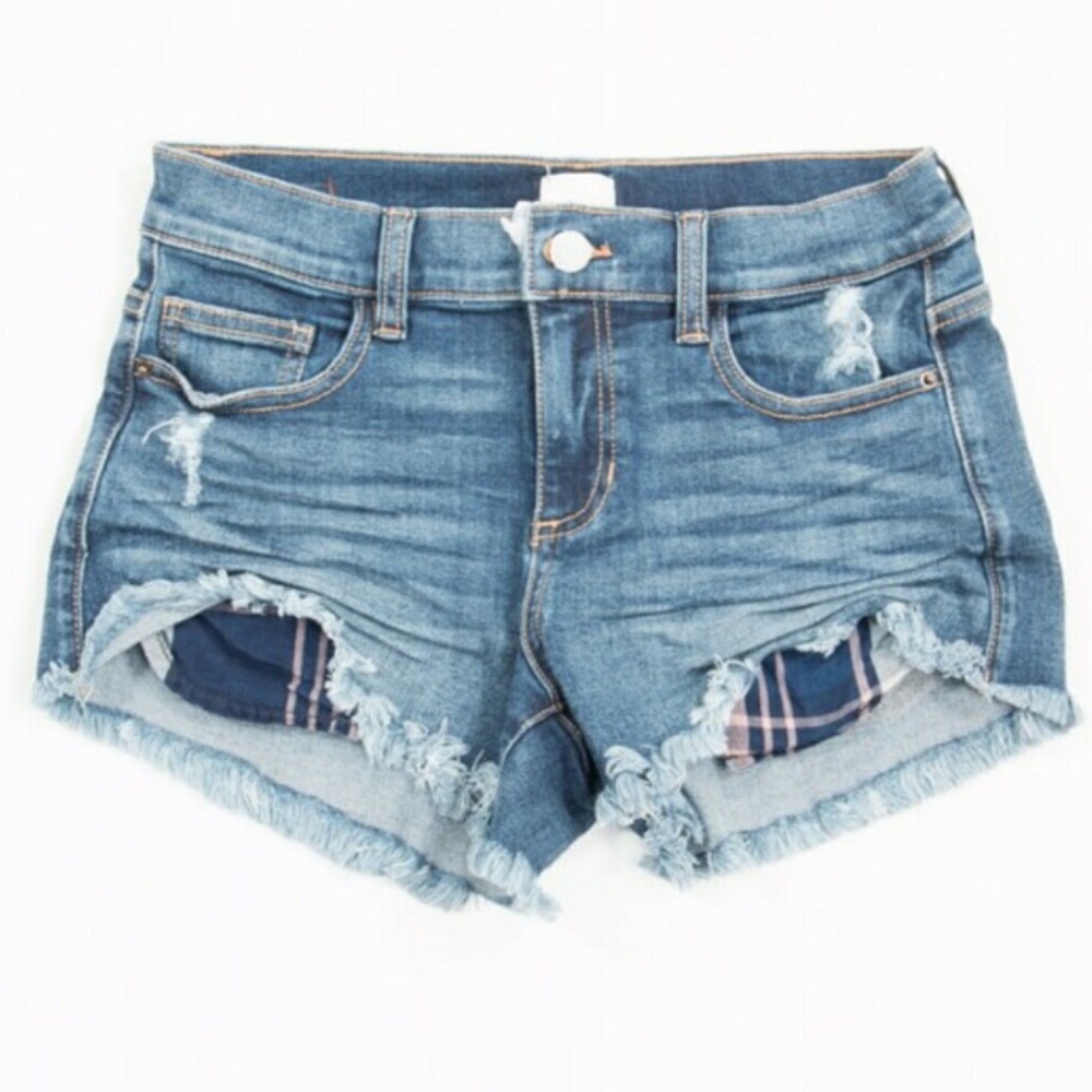 LAST ONE! Distressed Denim Shorts & Plaid Pockets
