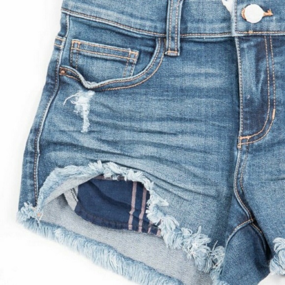 LAST ONE! Distressed Denim Shorts & Plaid Pockets - Picture 2 of 3