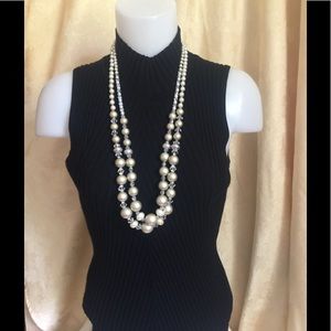 17'' 2 TIERED SMOKEY PEARL & CRYSTAL NECKLACE