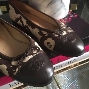 CHANEL leather canvas ballerina flats bow slip on